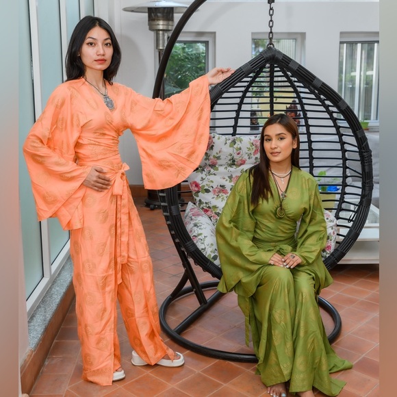 Wrap Around Wide Legged Pant and Butterfly Sleeves Open Front Top Set - Picture 6 of 6